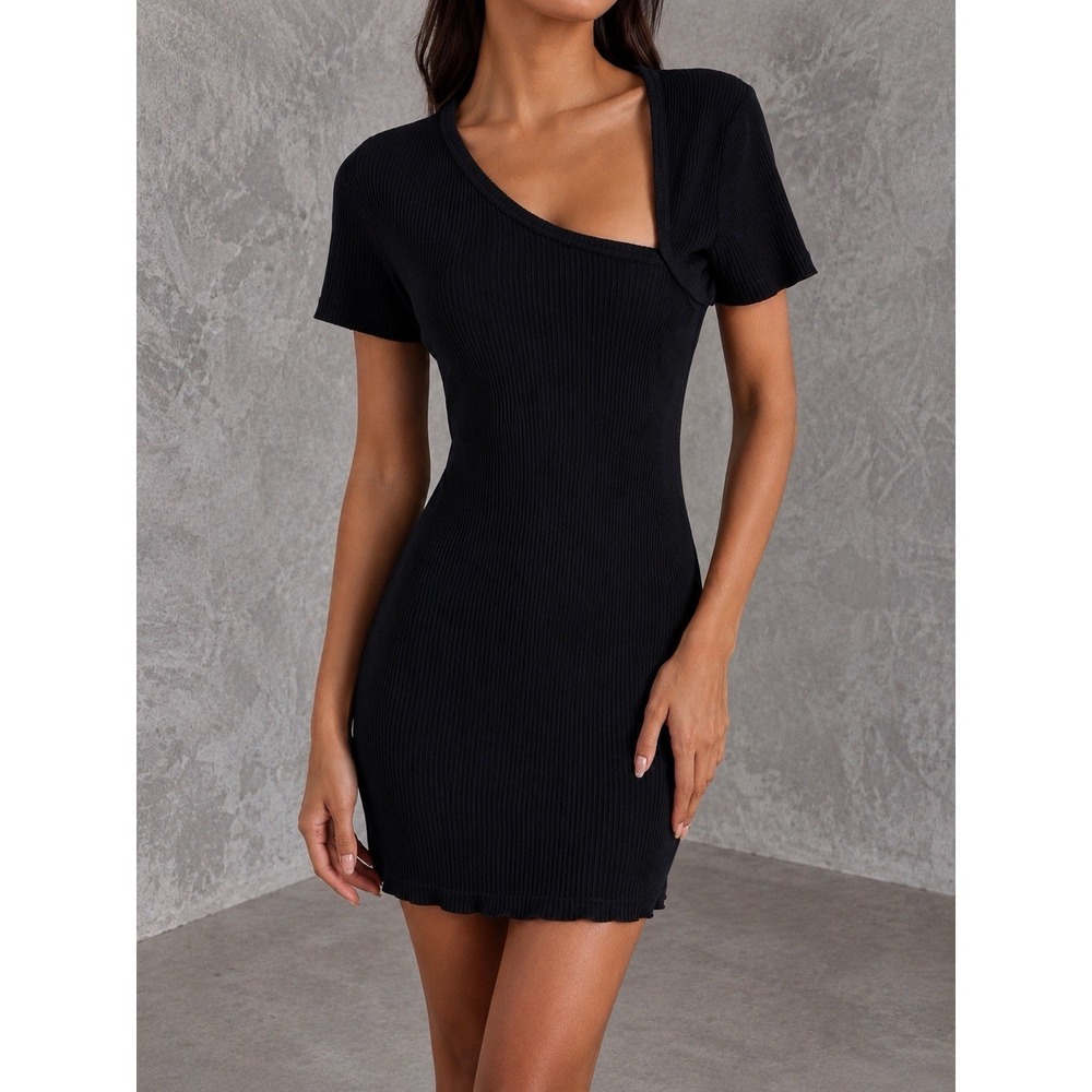 John Elliott Asymmetrical Mini Dress Womens 1 Black Ribbed Bodycon Cutout